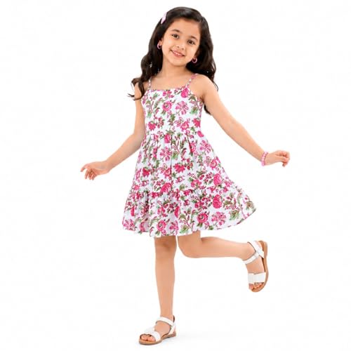 Image of The Magic Wand Kids Girls Printed Casual Dresses, Knee Length Singlet Strap Fit & Flared Cotton Once Piece Stylish Frocks for Summer Season