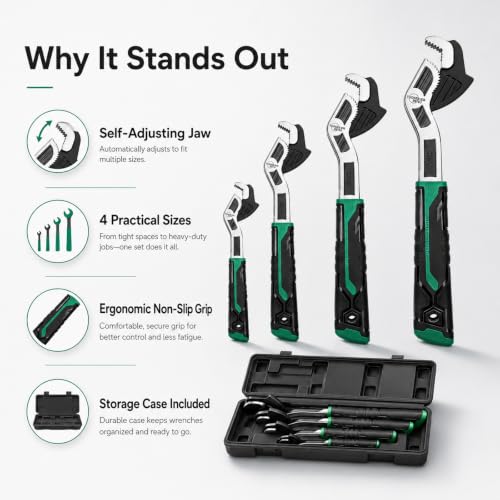 Image of 4PC Adjusting Wrench Set with Case, 6 8 10 12 Inch Multi-function Universal Magic Wrench, CR-V Steel for 0.47-1.18 Inch (7-43MM),Self locking Wrench,Pipe Wrench Set, Fittings and Nuts