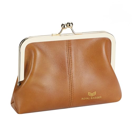 Royal Bagger Fashionable Genuine Leather RFID Blocking Women's Wallet with Kiss Lock, Card Slots and Zipper Coin Pocket 4120 (Brown)
