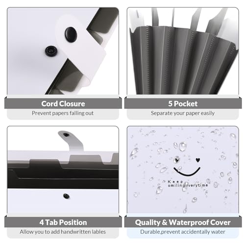 Image of SKYDUE 5 Pocket Expanding File Folder, Letter Size Portable Accordion Folders for Documents for School Office, White