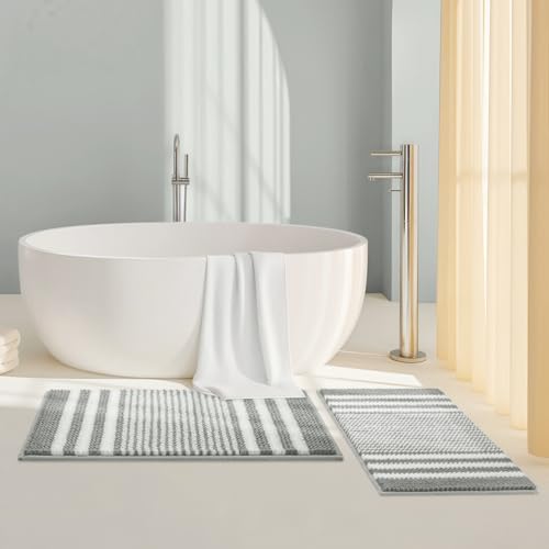 Biscpro Bath Mat Rug Extra Soft and Absorbent Fluffy Striped Chenille,Non Slip Shaggy Bathroom Floor Mat,Machine Washable (Gray, 50 x 80 cm) - Cosy Home Interiors Biscpro Bath Mat Rug Extra Soft and Absorbent Fluffy Striped Chenille,Non Slip Shaggy Bathroom Floor Mat,Machine Washable (Gray, 50 x 80 cm) - Image 6