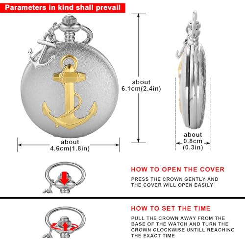 Image of Tiong Pocket Watch Anchor Pattern Design Roman Numerals Quartz with Chain Birthday Gifts