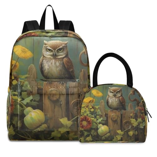 Backpack Lunch Box Set Large Capacity Travel Backpacks and Insulated Lunch Bag for Commute Hiking Picnic Cute Owl Fence Print