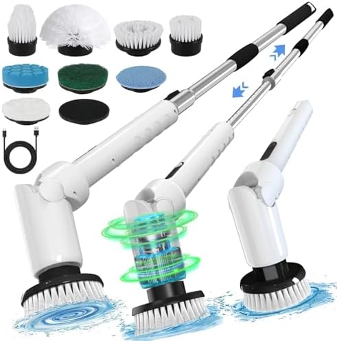 Electric Spin Scrubber - Cordless Cleaning Brush with Digital Display, 2 Speeds, 8 Brush Heads, IPX7 Waterproof, Adjustable Long Handle for Bathroom, Tub, Tile, Shower, and Car