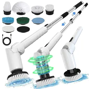 Electric Spin Scrubber - Cordless Cleaning Brush with Digital Display, 2 Speeds, 8 Brush Heads, IPX7 Waterproof, Adjustable Long Handle for Bathroom, Tub, Tile, Shower, and Car