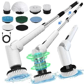 Electric Spin Scrubber with Digital Display, 2 Speeds, 8 Brush Heads, Waterproof, Adjustable Long Handle