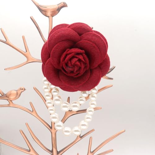 Image of Elegant Camellia Flower Faux Pearl Brooch Pin,Bohemian Fabric Flower Brooch Pins Pearl Tassel for Women Teen Girls, Corsage Wedding Brooches Clothes Dress Coat Accessories Jewelry Gift (Red)