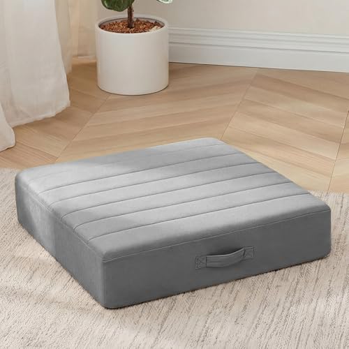 MeMoreCool Square Floor Pillow for Adults and Kids, Large Meditation Cushion with Thick Foam and Washable Tufted Cover, 24-Inch Grey Seat for Sitting and Yoga