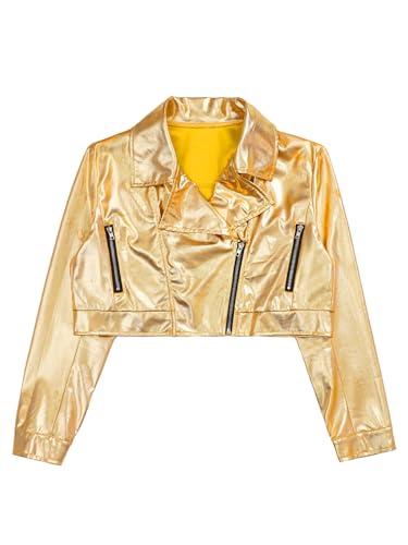 Girls Boys Metallic Bomber Jacket Zip Up Long Sleeve Jazz Dance Crop Tops Windbreaker Motorcycle Coat Outerwear
