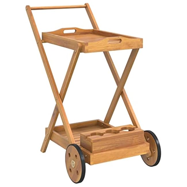 Tea Trolley Solid Wood Acacia, Kitchen Rolling Cart with Wheels, Portable Mobile Bar, Storage Rack - Perfect for Serving and Small Spaces-nmPp3JVj