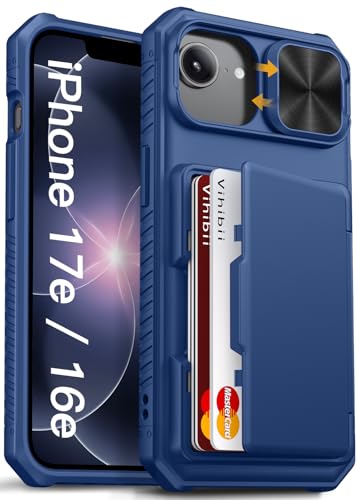 Image of Vihibii for iPhone 17e /16e Back Cover Wallet with Card Holder (4 Cards) [RFID Blocking] & Slide Camera Cover, Military Grade Drop Protection, Rugged Back & Silicone Edge Case for 17e /16e 6.1 inch, Blue