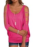 Miselon Womens Summer T Shirts Short Sleeve Tunic Strappy Cold Shoulder Tops Hot Pink,XL