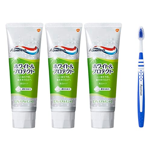 アクアフレッシュ ホワイト&プロテクト プレミアムミント【医薬部外品】歯磨き粉 虫歯予防 140g 3本 + 歯ブラシ セット 4個アソート