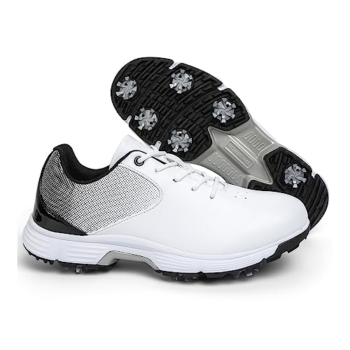 VEACAM Mens Golf Shoes Spiked Athletic Walking Fitness Shoes Fashion Waterproof Golfers Sneakers Sport Gym Shoes with 7 Spikes,Grey,13