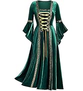 Medieval Irish Renaissance Costumes Dress Flare Sleeve Gothic Vintage Patchwork Peasant Flare Sle...