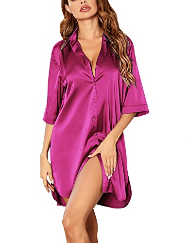 Image of Ekouaer Women's Satin Nightshirt Button Down Sleepshirt Silk 3 /4 Sleeve Nightgown Boyfriend Notch Collar Sleepwear S-3XL