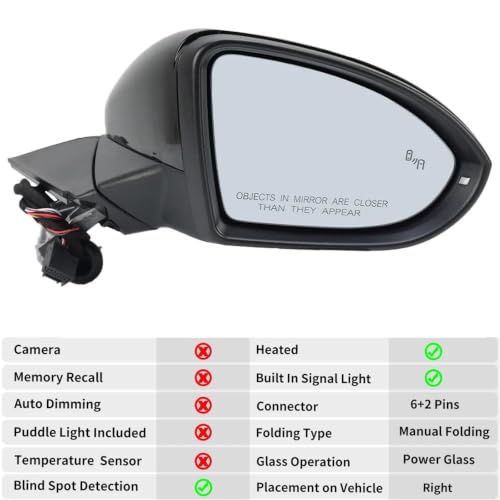 Rétroviseur Golf MK7 version US droit 8 broches avec miroir angle mort chauffant