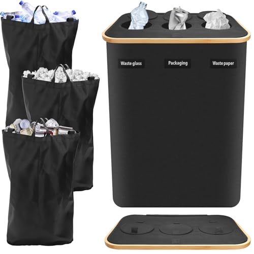 GIOVARA Poubelle de Recyclage 160L avec Couvercle, Collecteur de Bouteilles 3 Compartiments, Poubelle Tri Sélectif pour Cuisine pour Verre/Plastique, Rangement Maison/Jardin(Noir)