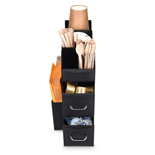 Navaris Coffee Condiment and Accessory Caddy - Coffee and Tea Organiser Station Cup Storage Holder Box Stand with Compartments and 2 Drawers - Black