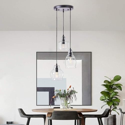 Wellmet Glass Pendant Light Fixtures for Dining Room, Hanging Modern Cluster Pendant Chandelier for Bedroom, 3 Lights Linear Barn Ceiling Kitchen Island Light for Foyer, Hallway - Image 7