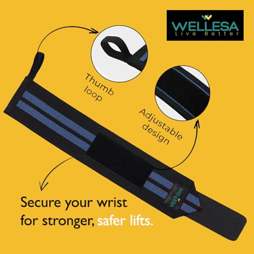 Image of Wellesa Wrist Support for Gym Workout | Wrist Band for Pain Relief & Weight Lifting | Wrist Wrap for Men & Women | Wrist Brace | Gym Accessories | One Size (Blue 2 Line)