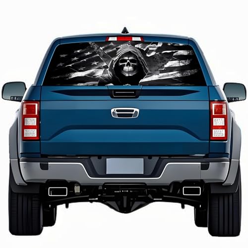 Image of Rear Window Decals for Trucks - 65x17.3 in Back Window Decals Fit Most Pickup Trucks SUV, Vinyl American Skull Flag Back Window Decal for Car Personalized Decoration - Skull Decal-1-S
