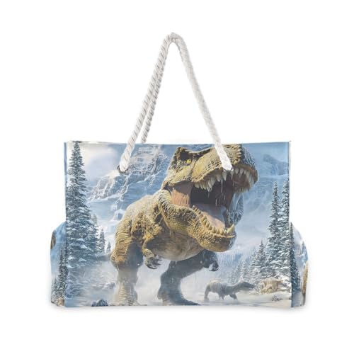 Large Beach Bags Totes Canvas Tote Shoulder Bag Snow Mountain Dinosaurs Water Resistant Bags for Gym Travel Daily2