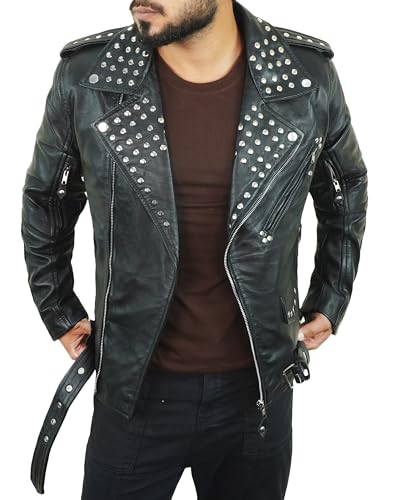 Mens Black Leather Jacket - Asymmetrical Moto Style Real Lambskin Studded Leather Jacket Rock Punk Fashion2