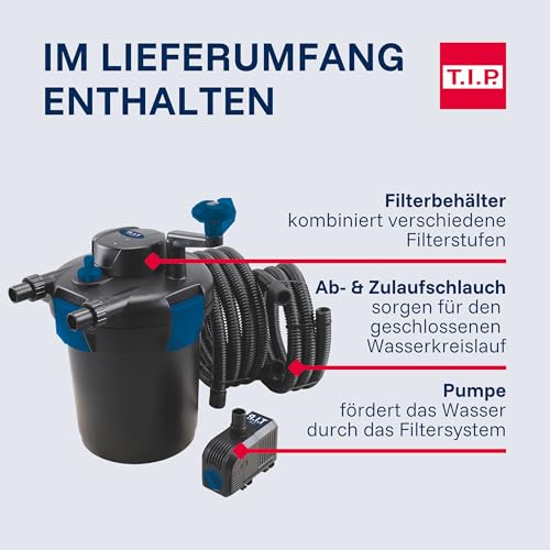 T.I.P. Teichdruckfilter-Set TFP 5000 UV 9 - Komplettset mit Pumpe, UV-C Strahler, 9W, Rückspülfunktion, Filtermaterial, 5000L Kapazität, 1500 l/h Fördermenge, Schläuche inklusive, 30297