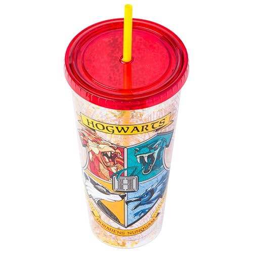 Image of Silver Buffalo Harry Potter Hogwarts Crest, Plastic Cold Cup, 32oz | Gryffindor, Slytherin, Hufflepuff and Ravenclaw, Confetti, Lid, Straw, 0.95 Liters