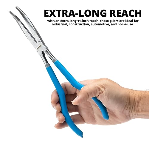 NEIKO 02105A (4) Long Nose Plier 11” Long Reach, Straight, Angle, Curved Pliers, 45 & 90 Degree, Bent Head Needle Nose Pliers Set for Mechanics, Long Handle Pliers