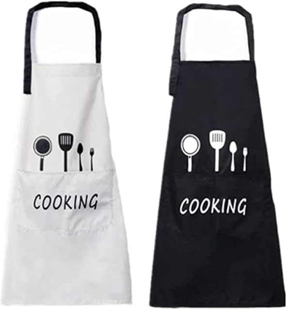2 Piece Aprons, Kitchen Aprons, BBQ Aprons, Cooking Aprons with Pockets, Adjustable Chef Aprons, Waterproof Bib Aprons, Men's Women's Kitchen Restaurant Cafe Aprons, Black and White,95*67