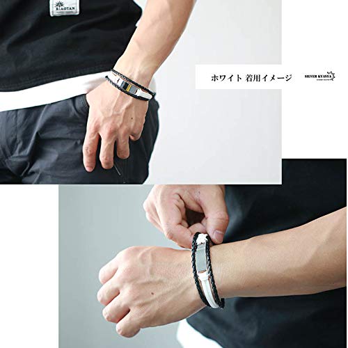 [silver KYASYA]レザーバングル ブラック ホワイト 編み込み 重ね付け 三連バングル メンズ 革 腕輪 バックル ベルト プレート (ブラック)