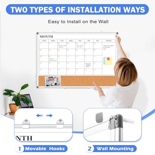 Monthly Calendar Whiteboard Dry Erase Cork Board Combo for Wall, 24\" x 18\" Double-Sided Calendar White Board and Bulletin Board, Portable Board for Office, Kitchen, School, Home