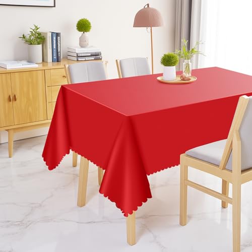 Image of NatNarr 3 Pack Red Tablecloths Plastic, Scalloped Christmas Table Cloths