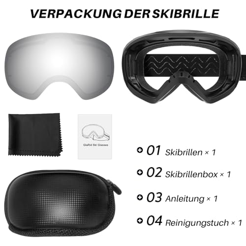 GlaRid Snowboard Skibrille für Herren Damen Jugend Anti Beschlag über der Brille Winter Schneebrille mit sphärischer abnehmbarer Scheibe (Schwarz)
