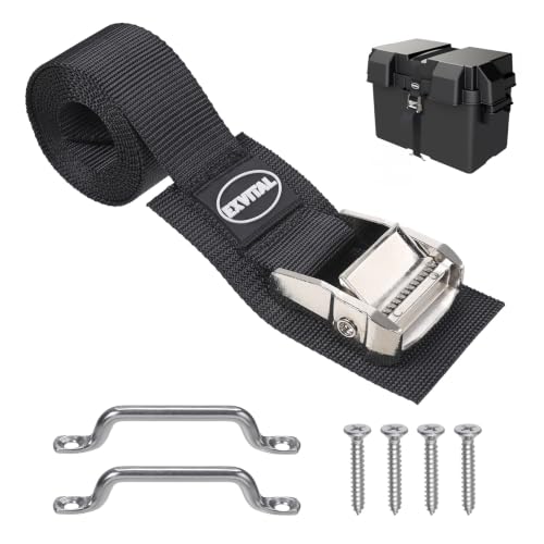 Image of EXVITAL Battery Tie Down Strap Hold Down Kit, 1.5 inch x 60 inch Cooler Tie Down Kit with Non-Rusting Cam Buckle, Stainless Steel Bracket & SS Screws for RV Battery,Luggage Belt (1 Pack)
