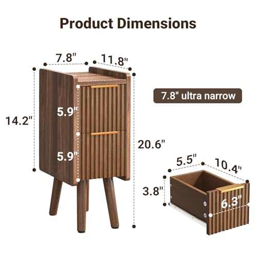 Image of 7.9 inch Narrow Fluted Nightstand Set of 2, 20.6 inch H Small Side Table, Walnut