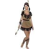 Lieferumfang: ein Indianerkostüm Damen bestehend aus Kleid, Kopfband mit Feder, Armband und Schienbeinstulpen / Größe: S (36/38) / Farbe: Braun