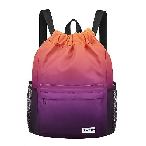 Time2go Drawstring Backpack Sports Gym Sackpack with Mesh Pockets Water-Resistant String Cinch Beach Bag for Men Women(Orange Purple) by time2go - Used condition - US$17.18
