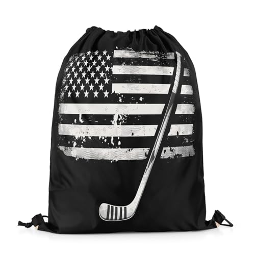 Erosebridal Ice Hockey Drawstring Bags for Trip,Vintage America Flag Drawstring Backpack 13x15.7 for Sport,Hippie Ice hockey Stick Draw String Back Bag,Ice Sports String Backpack