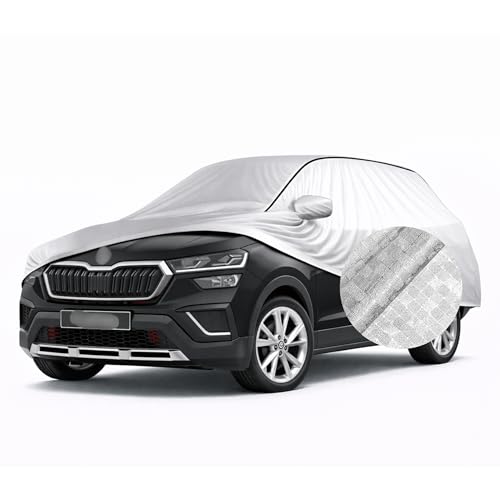 Image of SEAZEN Waterproof Car Cover for Skoda Kushaq | Dustproof, UV & Scratch Resistant Soft Cotton Lining | Triple Stitched, Mirror Pockets & Elastic Hem | Metallic Silver with Black Piping