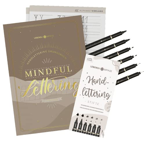 LEBENSKOMPASS Handlettering Starter Set mit Stiften und Buch für Anfänger Mindful Lettering Kalligraphie und Hand Lettering lernen mit Übungsheft und Stiften