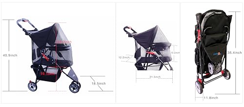 FOURPAW Carrinho de bebê de janela completa com 3 rodas para gatos e cães, com cesta de armazenament