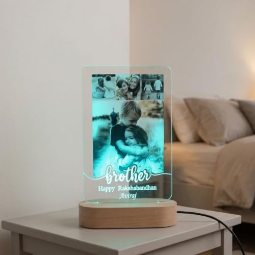 Image of Personalized Rakshabandhan Table Lamp for Brother - Custom Photo LED Night Light with Name - Multicolor Acrylic Lamp Gift for Brother from Sister - Rakhi Decorative Keepsake