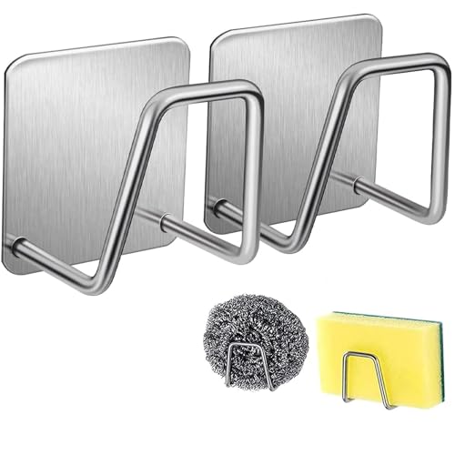 Sponge Holder for Kitchen SinkStrong Adhesive Small Sink Holder for Brush and SpongePremium Rustproof SUS304 Stainless Steel Rust Proof Waterproof (Silver)