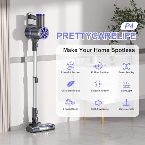 Image of Cordless Vacuum Cleaner, Self-Standing, 40Kpa Powerful Suction Stick Vacuum with Smart LED Display, 40Min Long Runtime Brushless Motor, Lightweight Vacuum for Hardwood Floor Carpet Pet Hair (Blue)