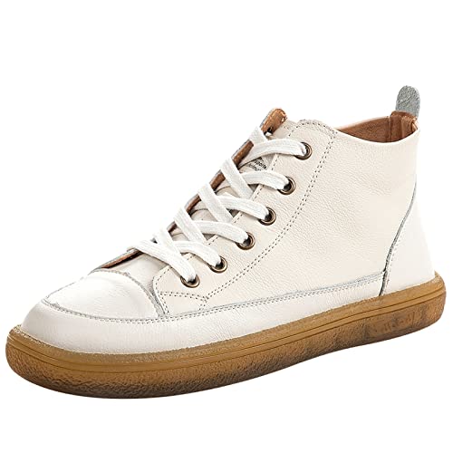 ANUFER Femmes Cuir véritable Montant Baskets à Lacets Décontractée Cheville Bottes Blanc SN02956 EU38.5