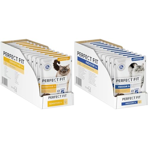 Sensitive 1+ Katzennassfutter mit Huhn in Sauce & Indoor 1+ – Katzennassfutter im Portionsbeutel für Erwachsene Hauskatzen ab 1 Jahr – mit Huhn und Erbsen in Sauce Portionsbeutel(12 x 85g