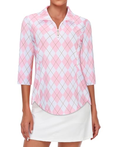 Tanst Sky Women's Golf Top, Polo Shirts for Woman Quarter Zip Collared 3/4 Sleeve High Neck Apparel Ladies Pickleball Tennis Hiking Workout Running Loose Fit Athletic Clothing Argyle Pink XX-Large